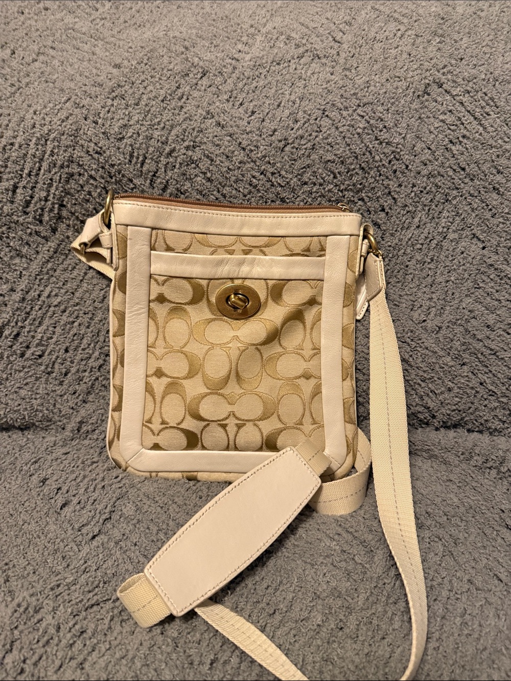 Coach Beige Signature Crossbody with Turn-Lock Front Pocket